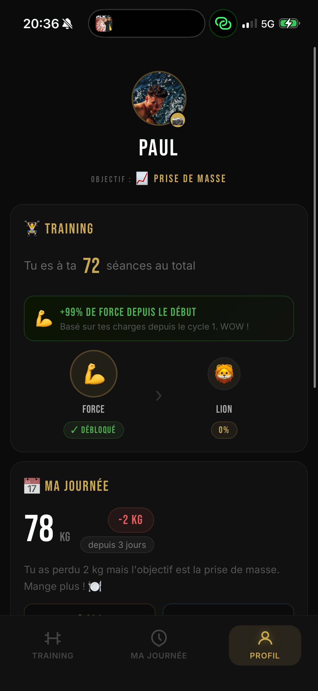Stats profil force et badges