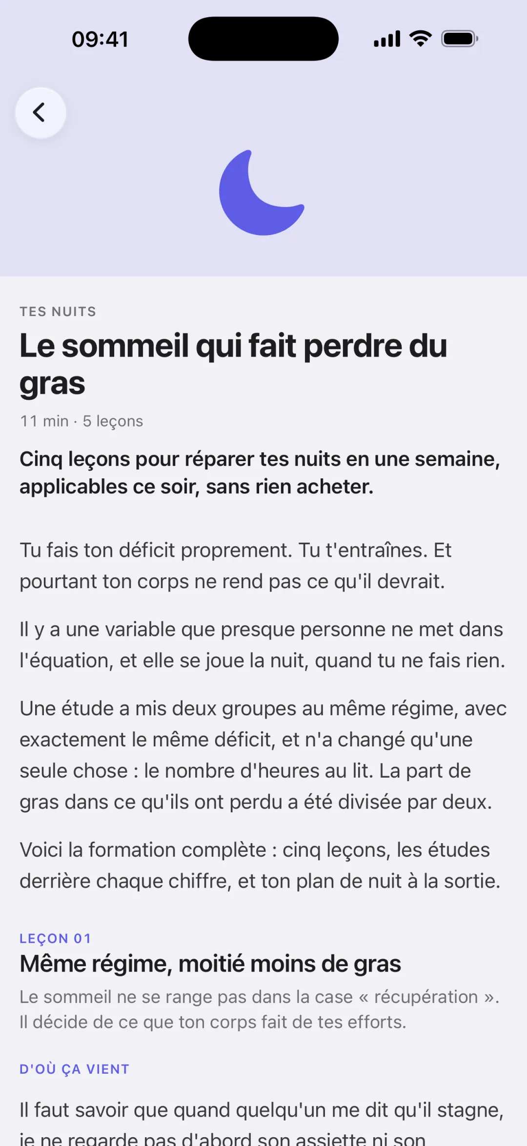 Une formation ouverte dans l'app : Le sommeil qui fait perdre du gras, 11 minutes, 5 leçons, et le début de la leçon 01.