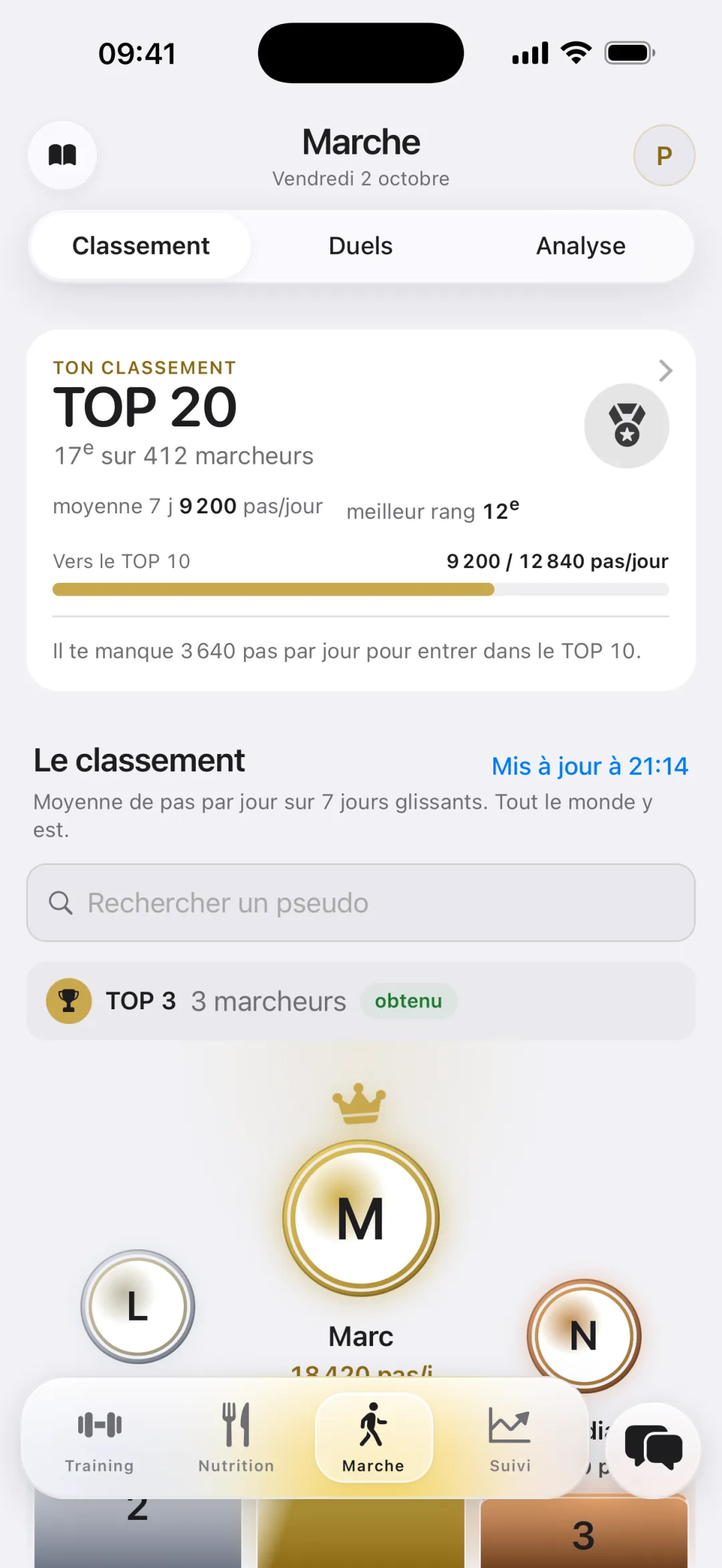 Marche › Classement : ton palier TOP 20, ton rang, ta moyenne de pas par jour et ce qu'il manque pour le TOP 10, avec le podium.