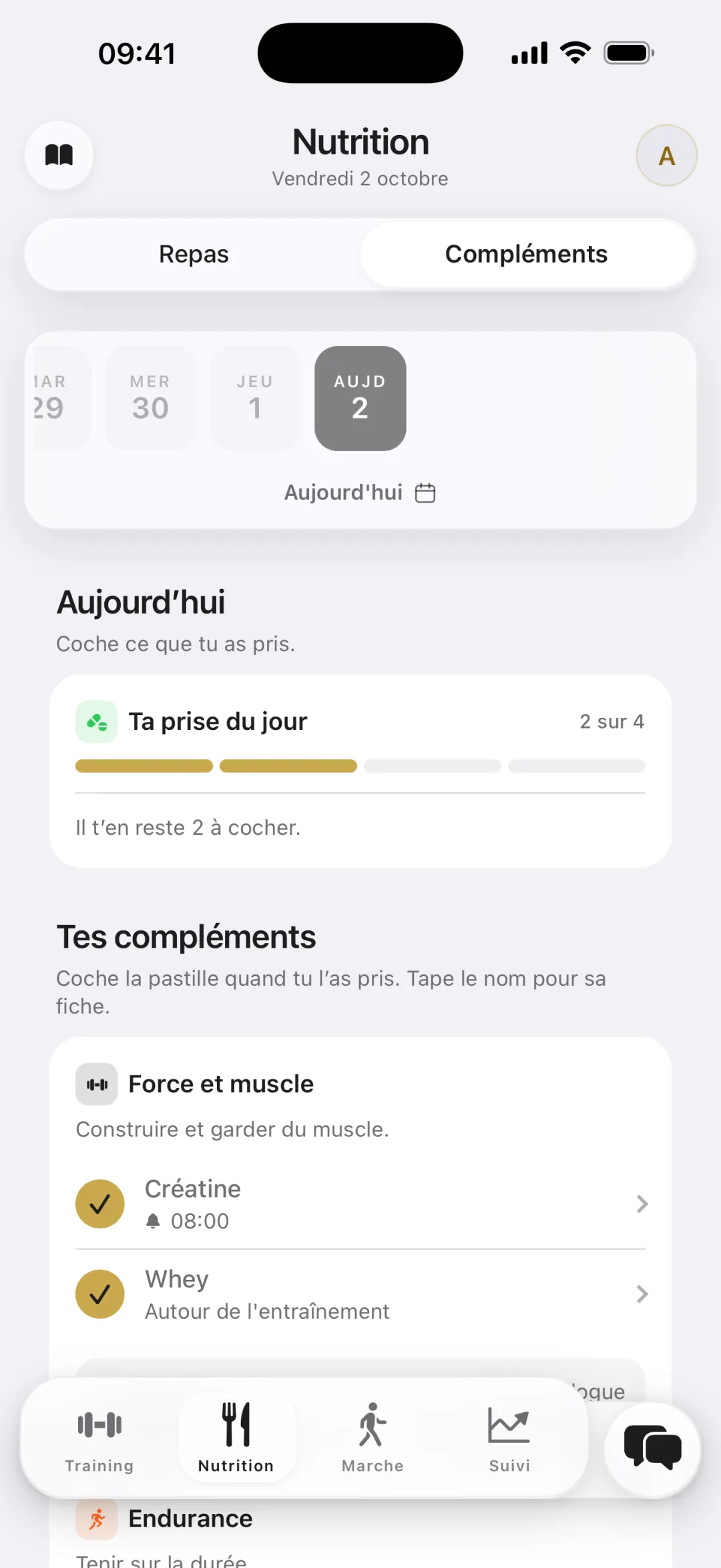 Nutrition › Compléments : prise du jour 2 sur 4, créatine à 8 h et whey autour de l'entraînement cochées.