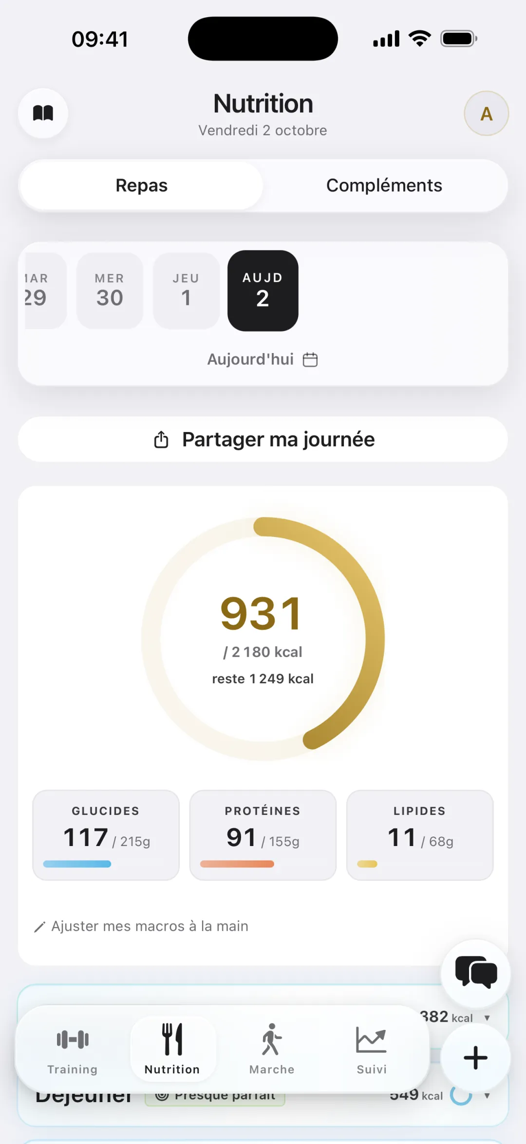 Nutrition › Repas : anneau de 931 kcal sur 2 180, il reste 1 249 kcal, glucides 117 g, protéines 91 g, lipides 11 g.