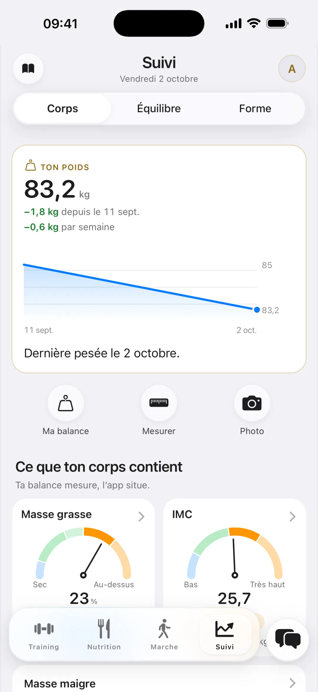 Écran Suivi de Reboot Plan : poids de 83,2 kg, courbe en baisse depuis le 11 septembre, masse grasse et IMC en cadrans.