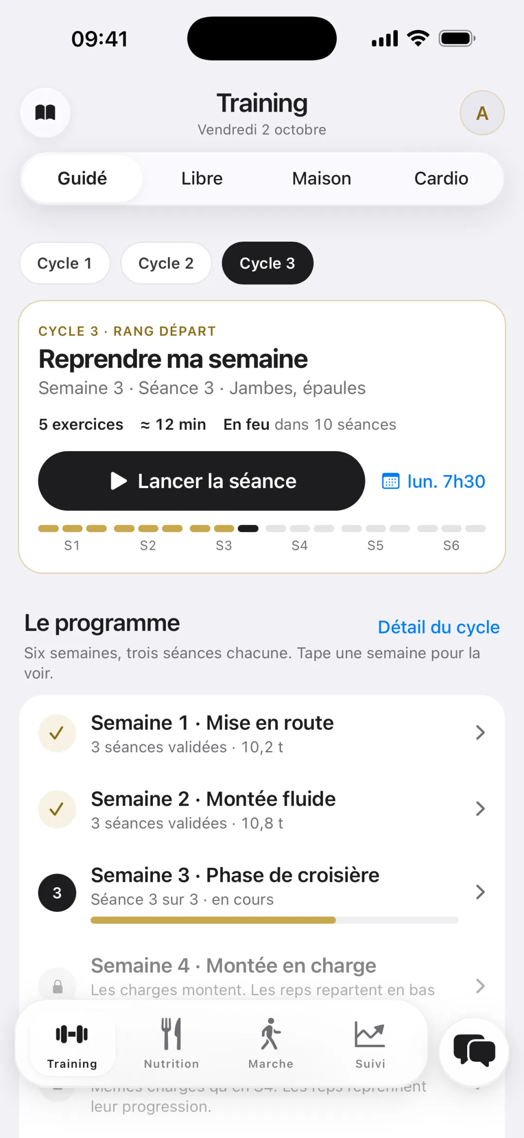 Training › Guidé : cycle 3, carte Reprendre ma semaine, séance Jambes et épaules, bouton Lancer la séance, programme sur six semaines.