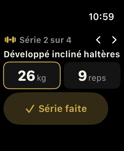 Apple Watch, musculation : série 2 sur 4 au développé incliné haltères, 26 kg, 9 répétitions, bouton Série faite.