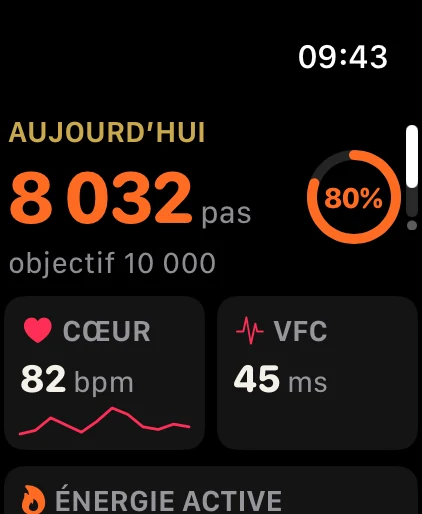 Reboot Plan sur Apple Watch : 8 032 pas, 80 % de l'objectif, cœur à 82 bpm et variabilité.