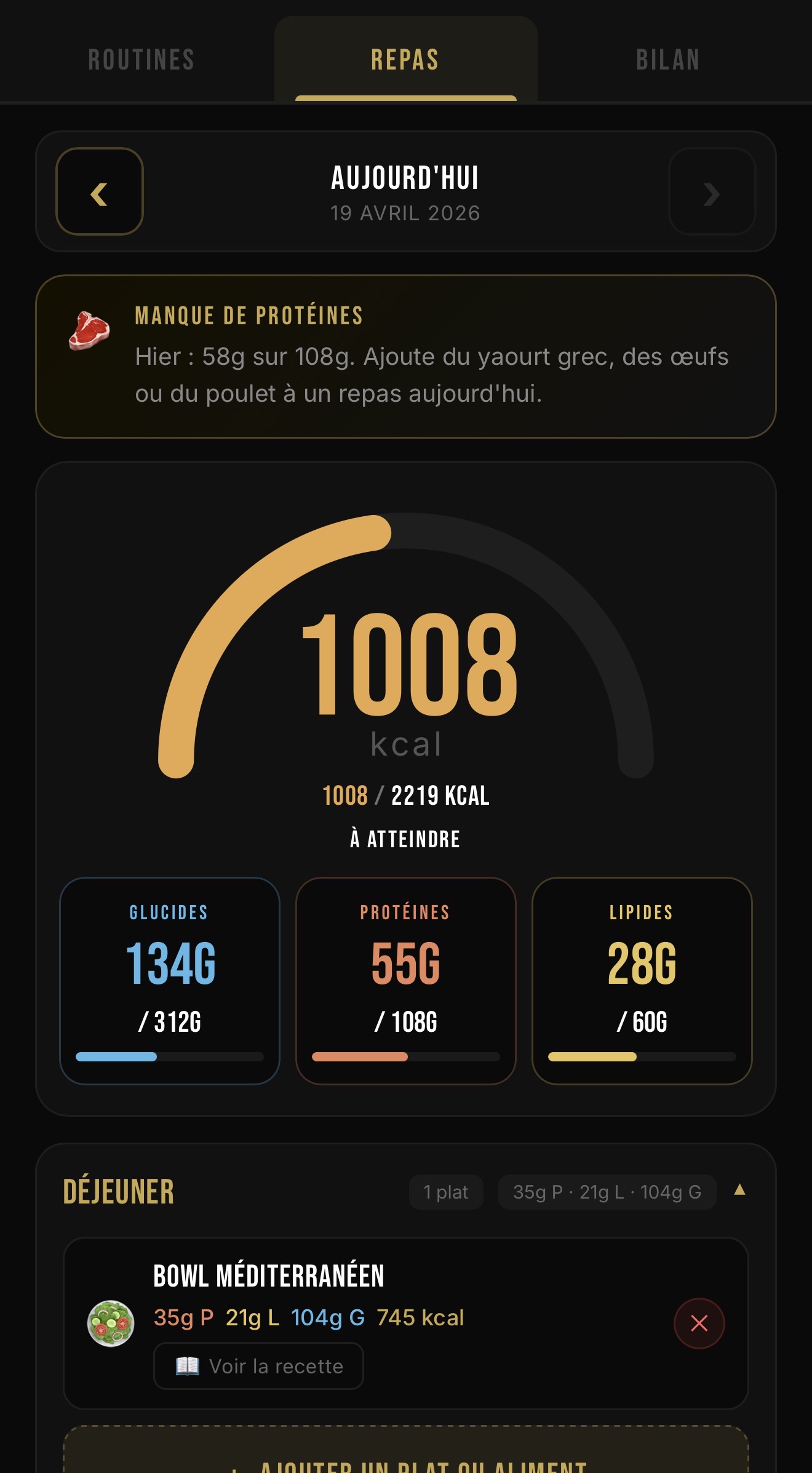 Onglet Repas — Outil Nutrition